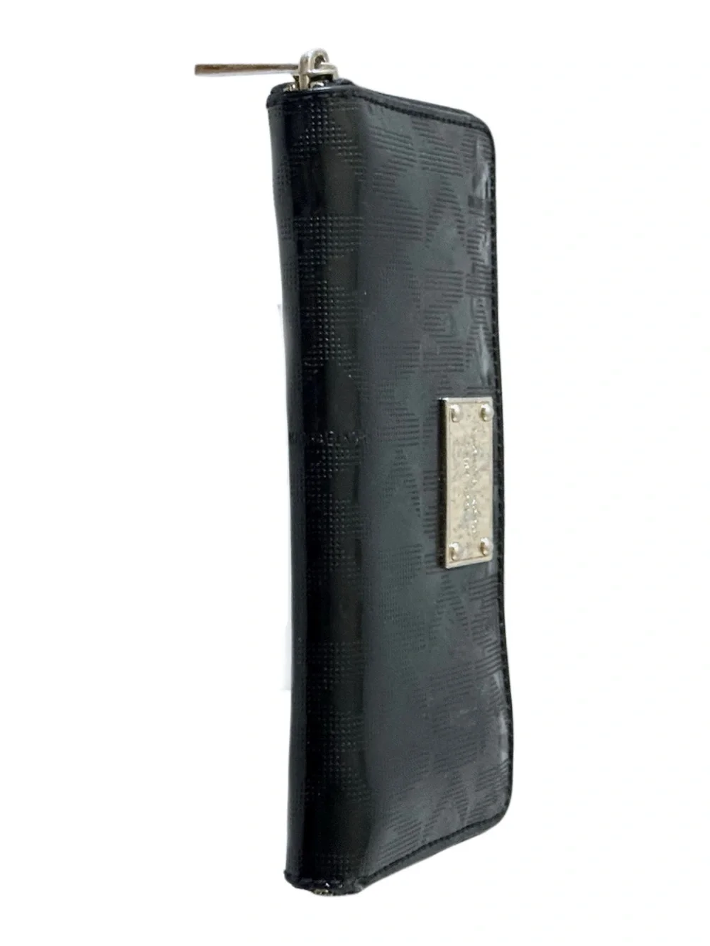 Michael Kors Black Patent Embossed Logo Zip Around Accordion Wallet Gold Tone